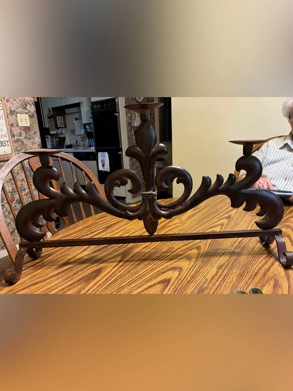 Large ornate cast/wrought-metal three-candle candelabra 26” x15”